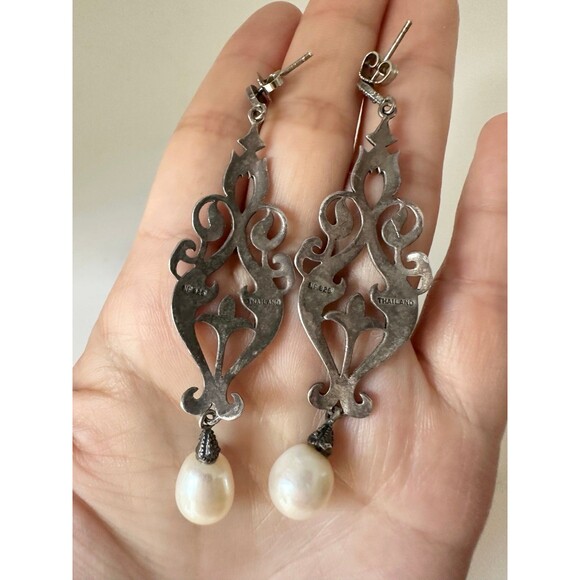 Vintage sterling silver art Deco marcasite freshwater pearl dangle Earrings - Picture 6 of 8